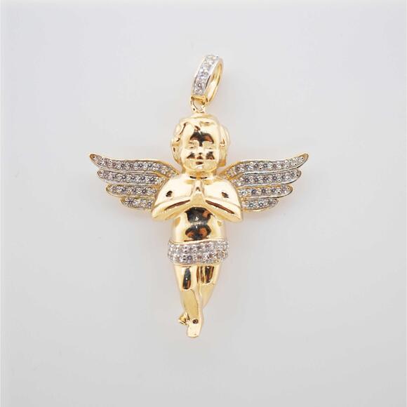 14k Yellow Gold Men's Estate Sale White Cubic Zirconia Angel Pendant